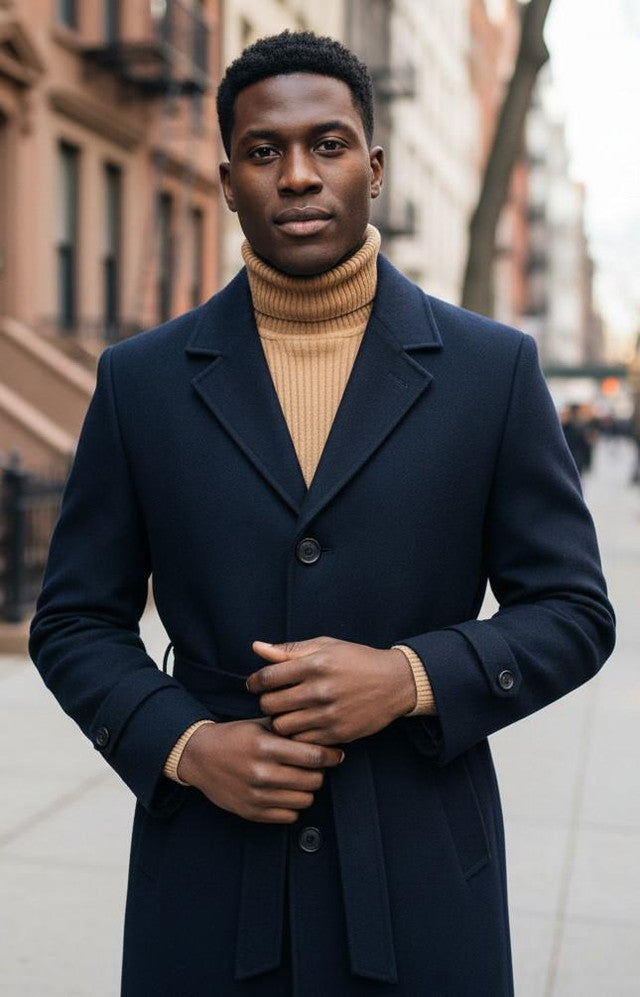 Men's Navy Full Length Belted Overcoat Porter