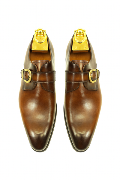 Mens Carrucci Classic Leather Fade Single D-Buckle Monk Strap Dress Shoe in Chestnut 7   - from alligatorwarehouse.com