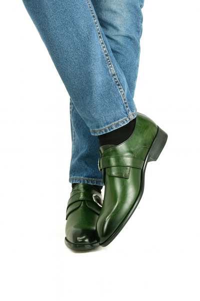 Mens Carrucci Classic Leather Fade Single D-Buckle Monk Strap Dress Shoe in Emerald Green 3   - from alligatorwarehouse.com