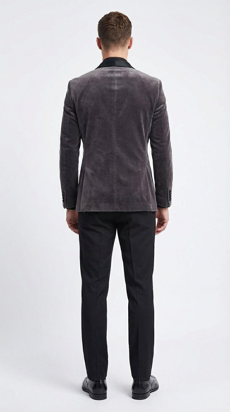 Mens Charcoal Gray Velvet Tuxedo Suit – Luxury Formal Wedding Suit with Black Shawl Lapel for Prom, Party Black Pants