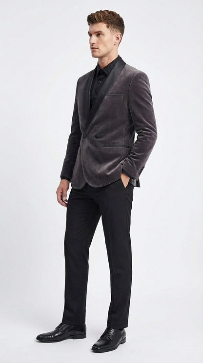 Mens Charcoal Gray Velvet Tuxedo Suit – Luxury Formal Wedding Suit with Black Shawl Lapel for Prom, Party Black Pants