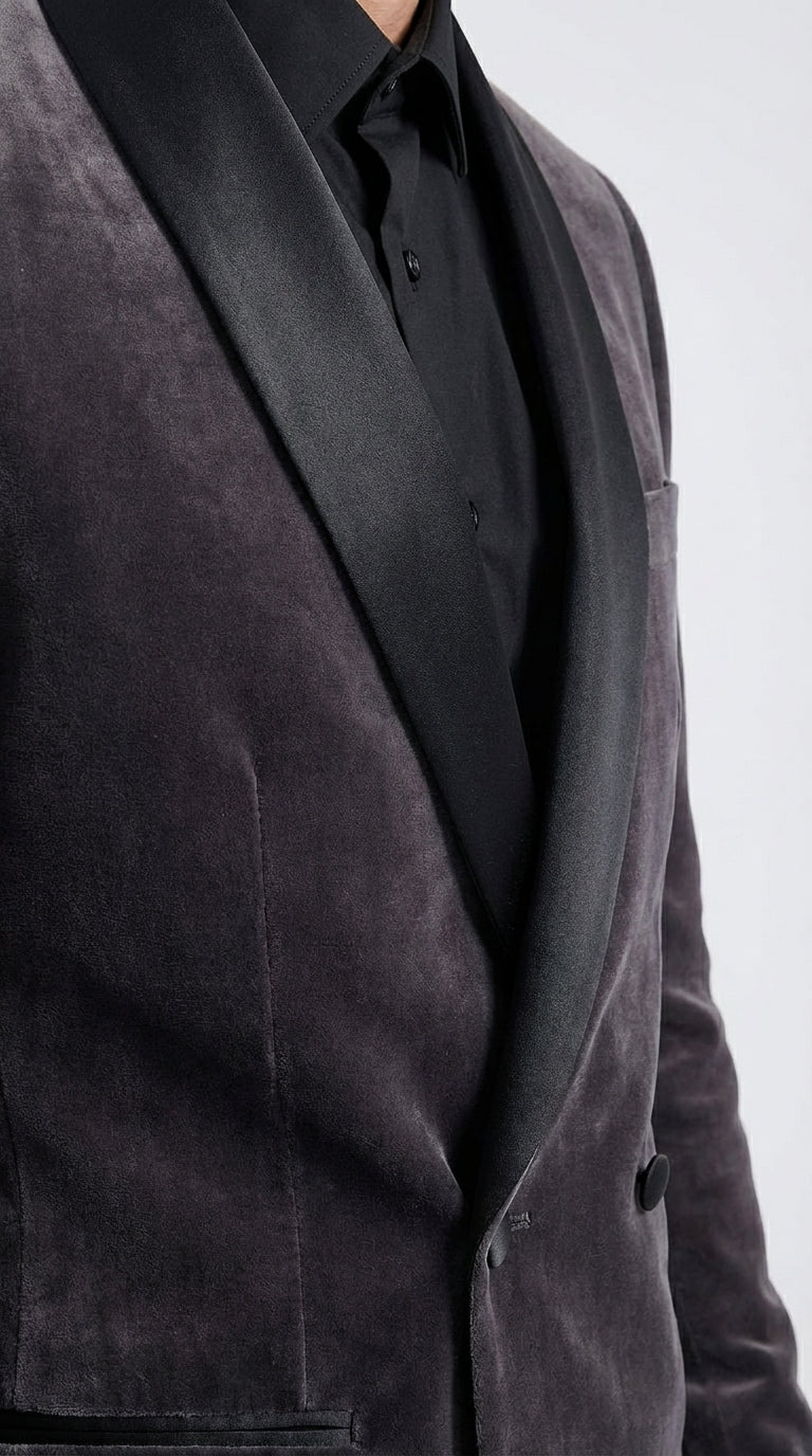 Mens Charcoal Gray Velvet Tuxedo Suit – Luxury Formal Wedding Suit with Black Shawl Lapel for Prom, Party Black Pants