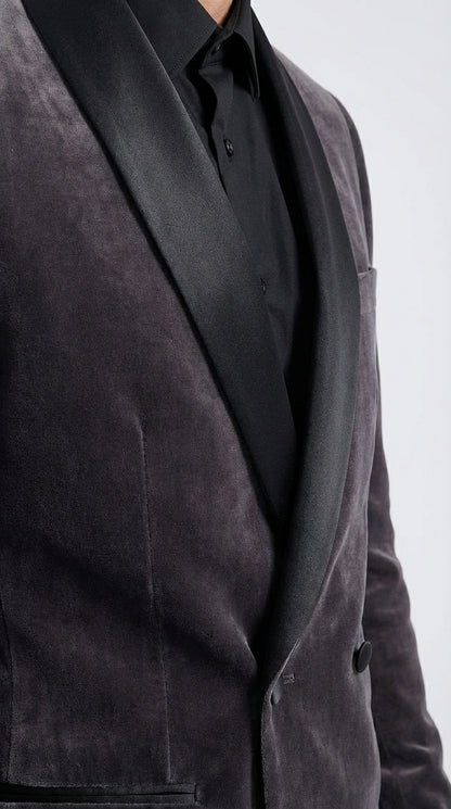 Mens Charcoal Gray Velvet Tuxedo Suit – Luxury Formal Wedding Suit with Black Shawl Lapel for Prom, Party Black Pants