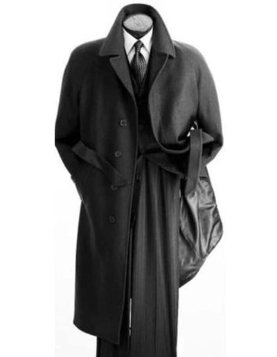 Men's Charcoal Grey Belted Full Length Wool Overcoat 1   - from alligatorwarehouse.com
