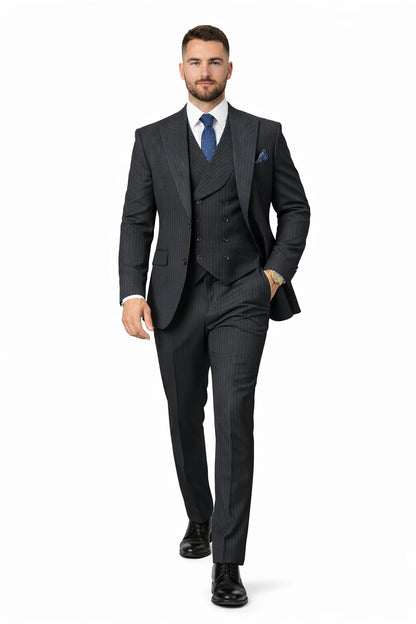 Mens Gangster Pinstripe 2 Button Double Breasted Vest Grey Suit