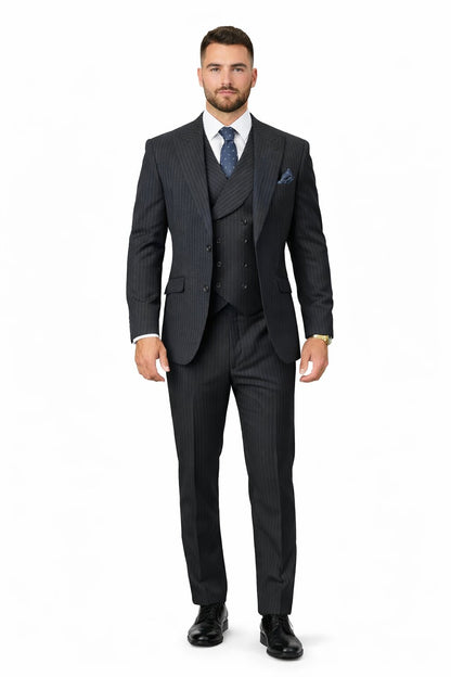 Mens Gangster Pinstripe 2 Button Double Breasted Vest Grey Suit