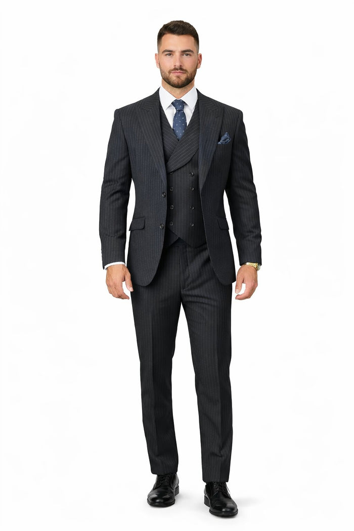 Mens Gangster Pinstripe 2 Button Double Breasted Vest Grey Suit