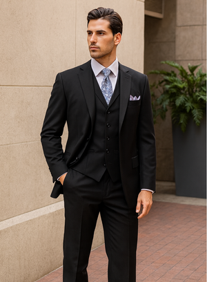 Mens Classic 3 Button Vested Dress Suit in Black