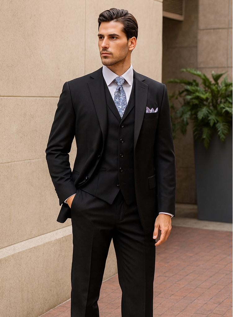 Mens Classic 3 Button Vested Dress Suit in Black