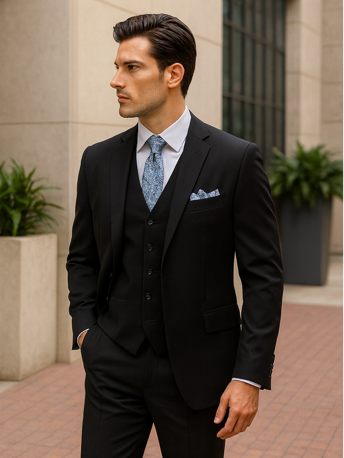 Mens Classic 3 Button Vested Dress Suit in Black