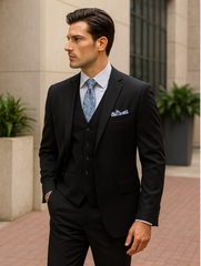 Mens Classic 3 Button Vested Dress Suit in Black