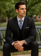 Mens Classic 3 Button Vested Dress Suit in Black
