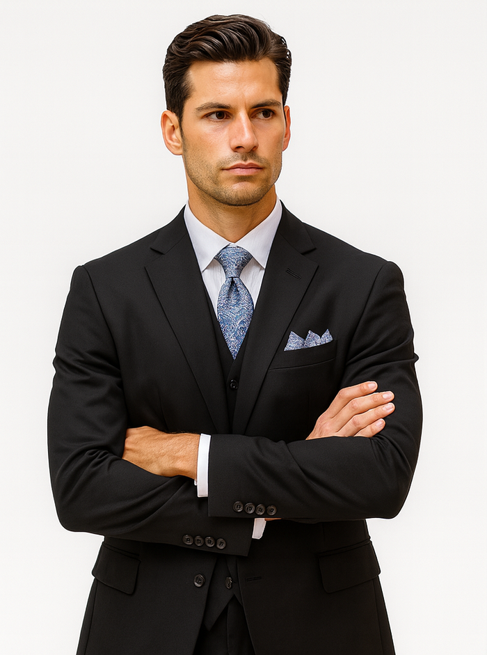 Mens Classic 3 Button Vested Dress Suit in Black