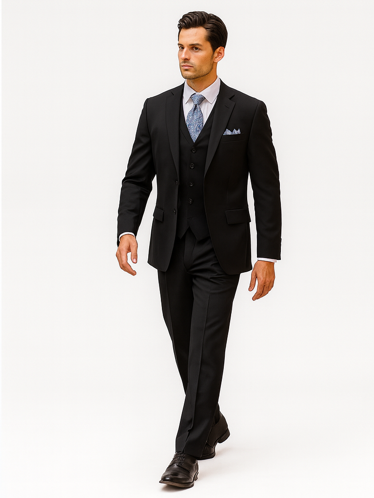 Mens Classic 3 Button Vested Dress Suit in Black