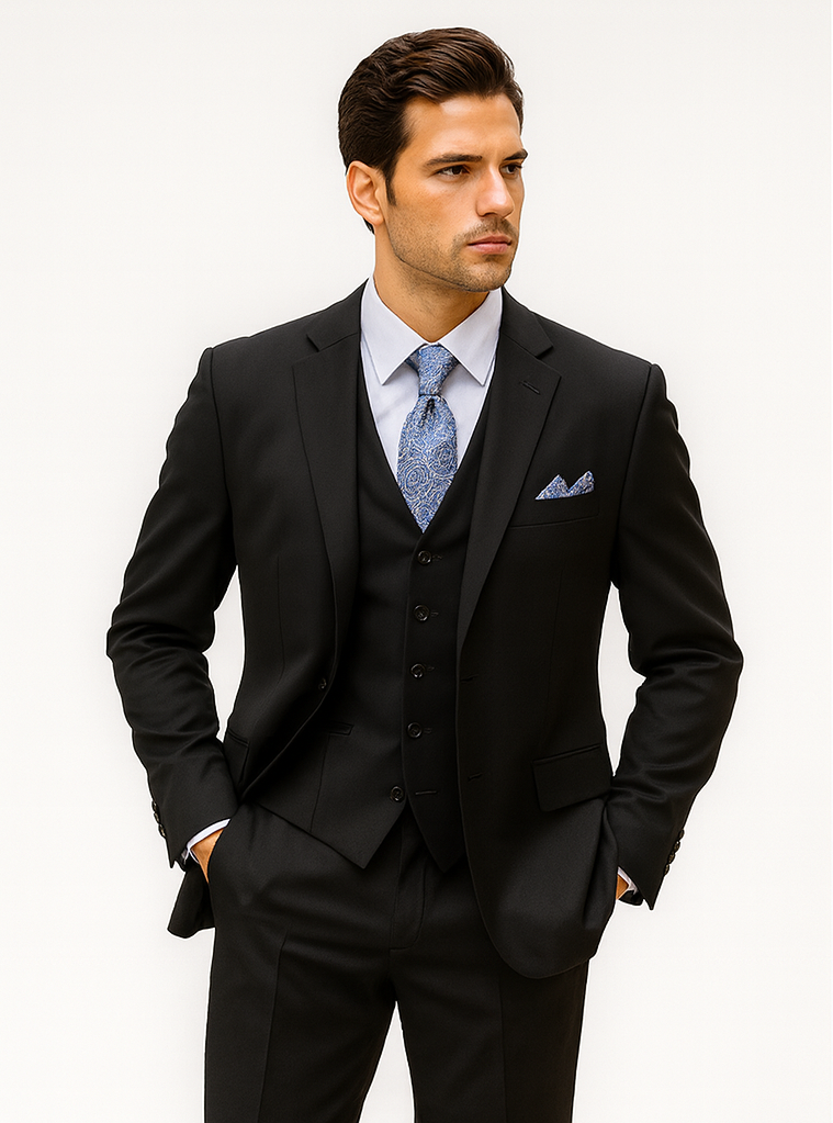 Mens Classic 3 Button Vested Dress Suit in Black