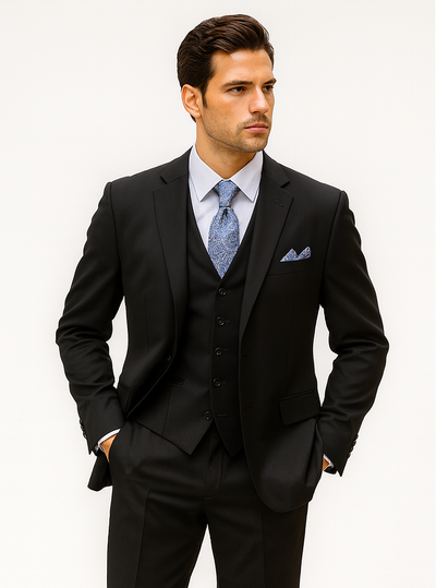 Mens Classic 3 Button Vested Dress Suit in Black 7 5802V-Black-38R  - from alligatorwarehouse.com
