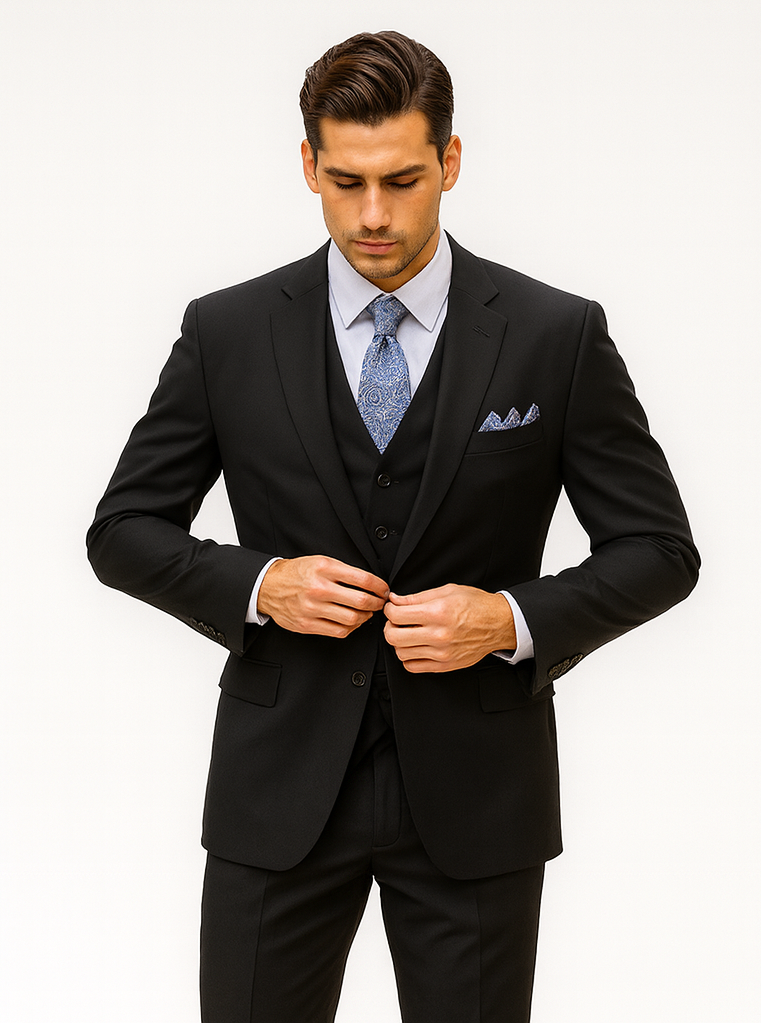 Mens Classic 3 Button Vested Dress Suit in Black