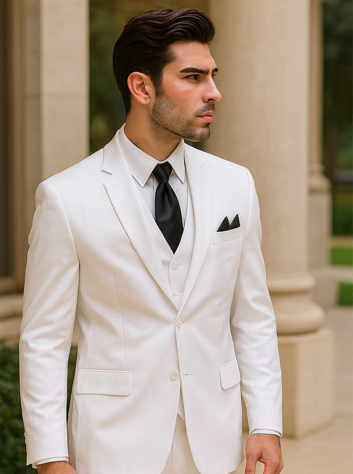 Mens Classic 3 Button Vested Dress Suit in White