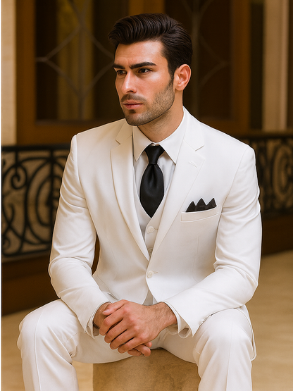 Mens Classic 3 Button Vested Dress Suit in White