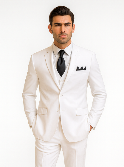 Mens Classic 3 Button Vested Dress Suit in White