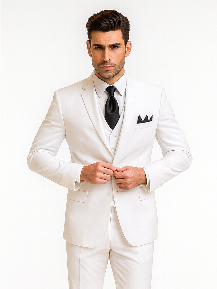 Mens Classic 3 Button Vested Dress Suit in White