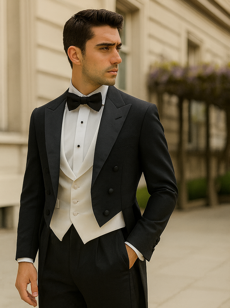Mens Classic Black Tail Tuxedo with White Vest