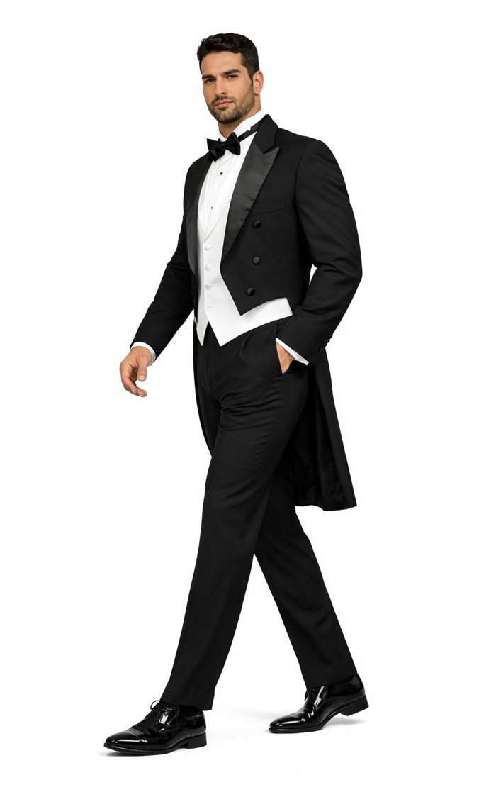 Mens Classic Black Tail Tuxedo with White Vest