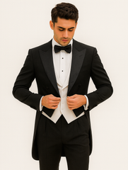 Mens Classic Black Tail Tuxedo with White Vest