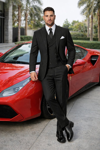 Mens Gangster Pinstripe 2 Button Double Breasted Vest Grey Suit