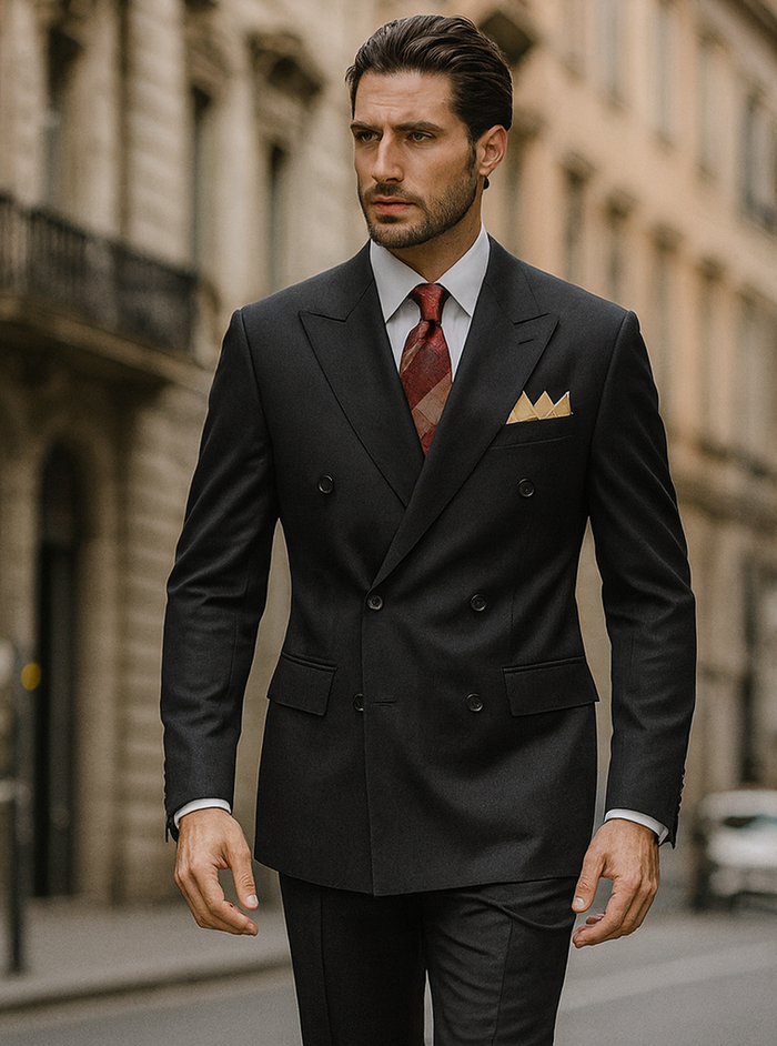 Mens Classic Luxurious Wool FeeL Fabric Double Breasted Suit in Black
