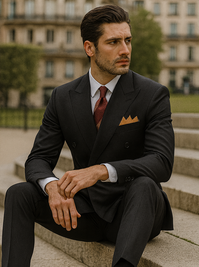 Mens Classic Luxurious Wool FeeL Fabric Double Breasted Suit in Black