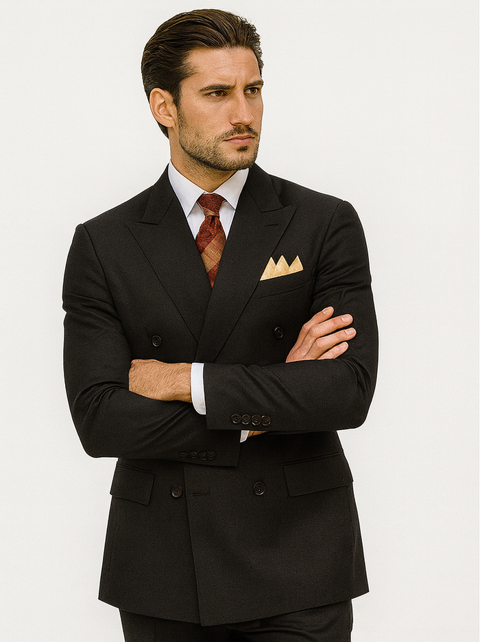 Mens Classic Luxurious Wool FeeL Fabric Double Breasted Suit in Black