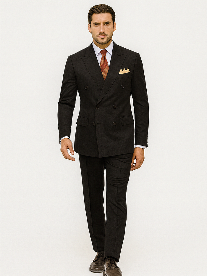 Mens Classic Luxurious Wool FeeL Fabric Double Breasted Suit in Black