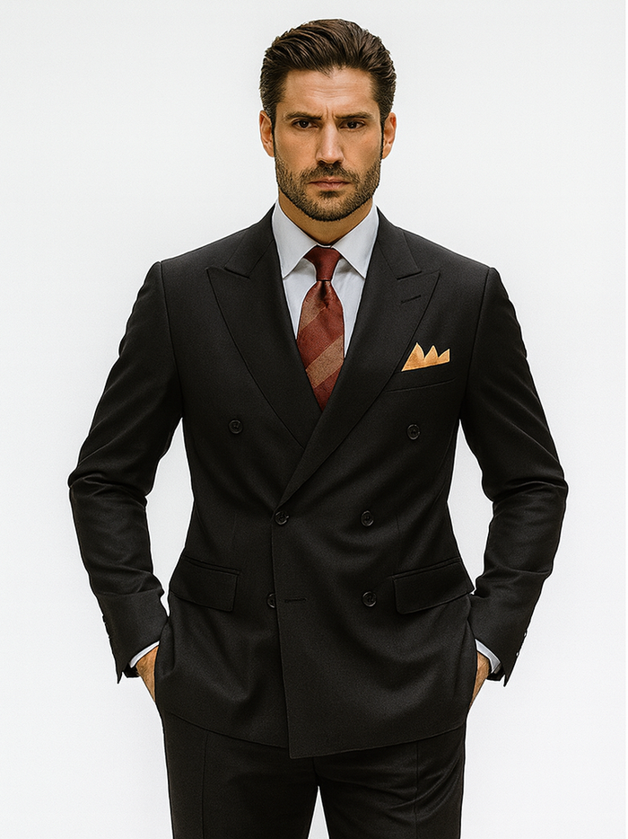 Mens Classic Luxurious Wool FeeL Fabric Double Breasted Suit in Black