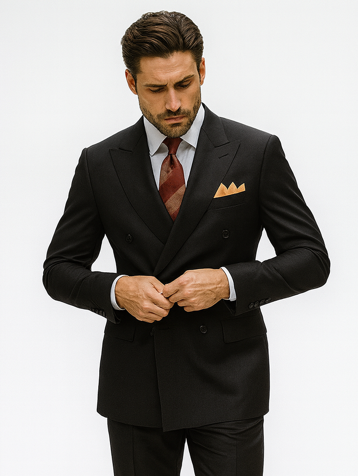 Mens Classic Luxurious Wool FeeL Fabric Double Breasted Suit in Black