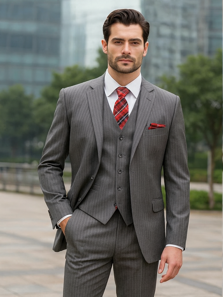 Mens Classic Vested Pinstripe Suit in Medium Grey