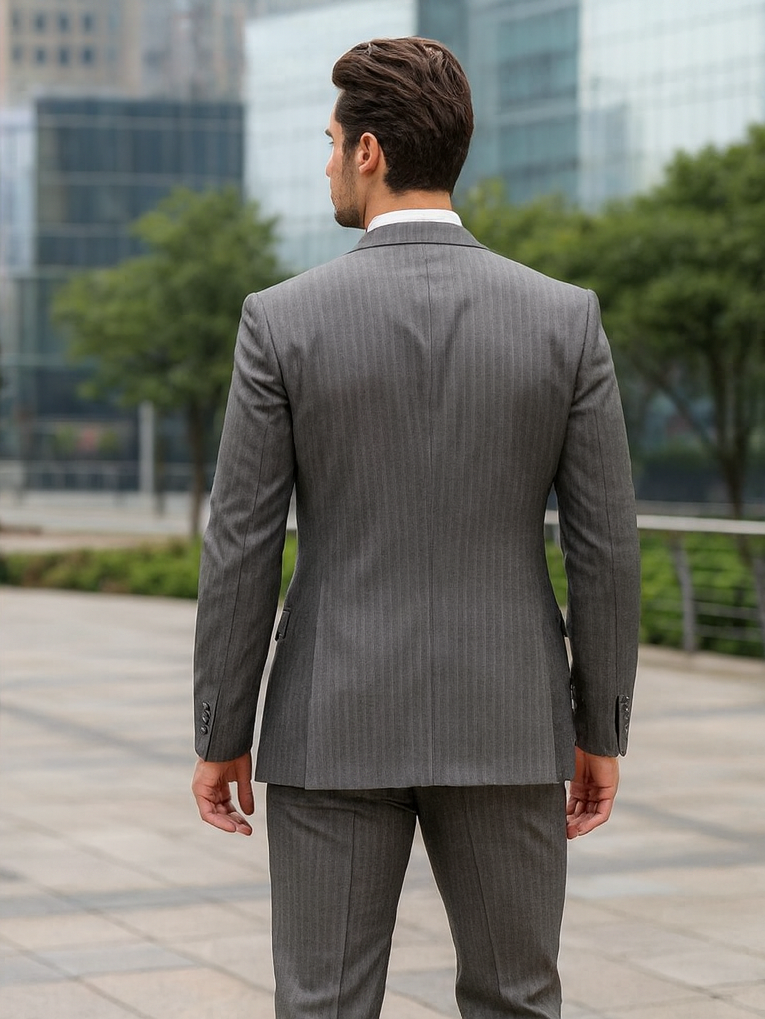 Mens Classic Vested Pinstripe Suit in Medium Grey