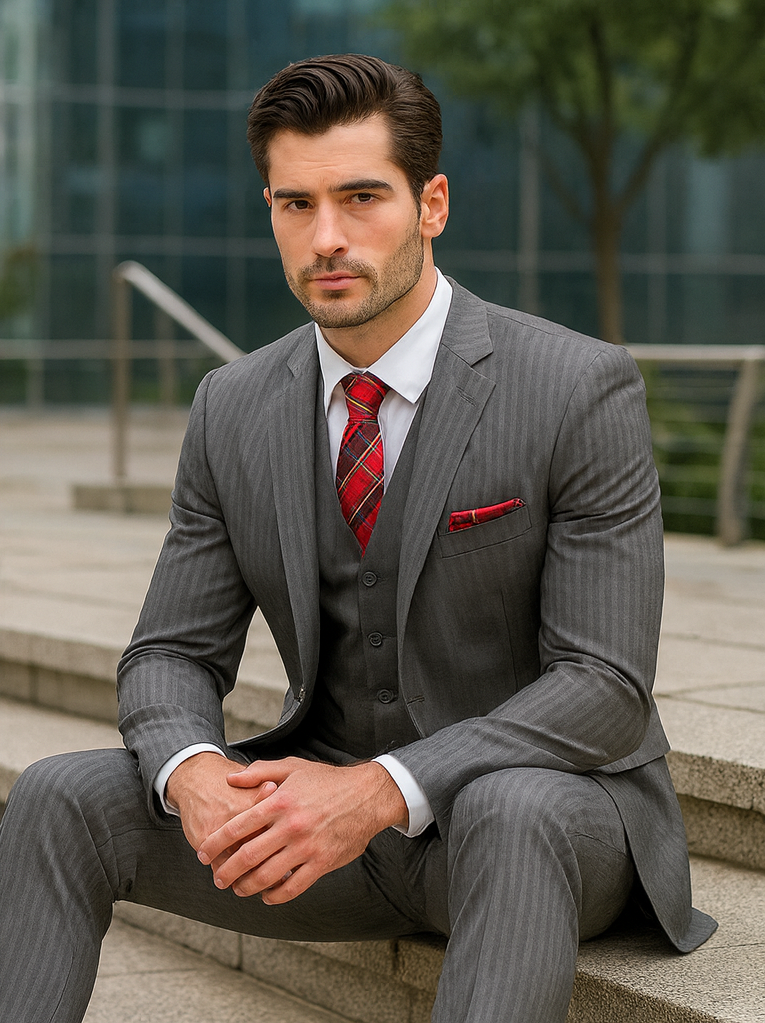 Mens Classic Vested Pinstripe Suit in Medium Grey