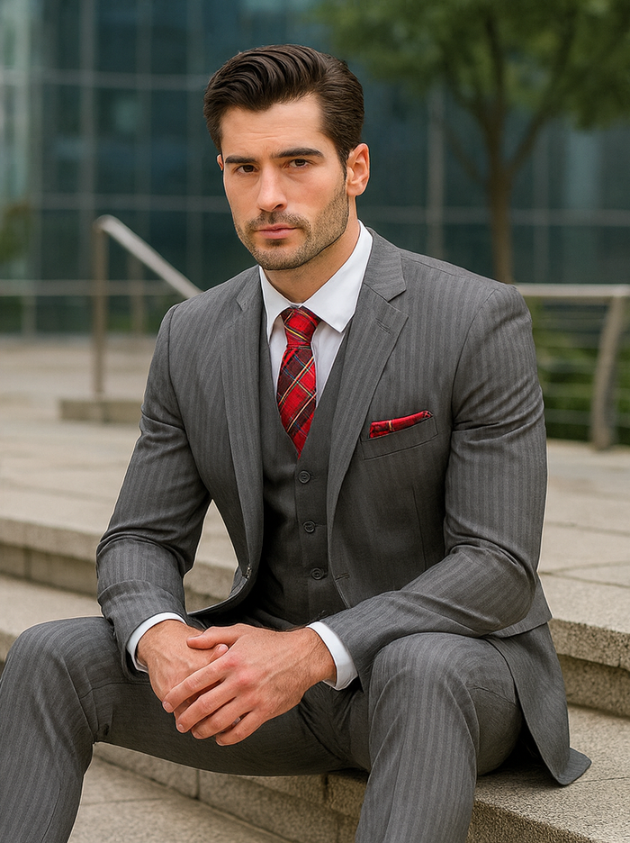 Mens Classic Vested Pinstripe Suit in Medium Grey