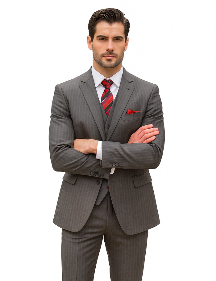 Mens Classic Vested Pinstripe Suit in Medium Grey