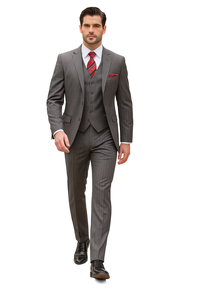 Mens Classic Vested Pinstripe Suit in Medium Grey