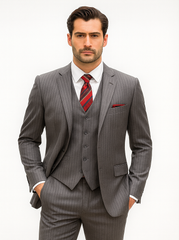 Mens Classic Vested Pinstripe Suit in Medium Grey