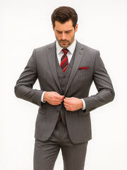 Mens Classic Vested Pinstripe Suit in Medium Grey