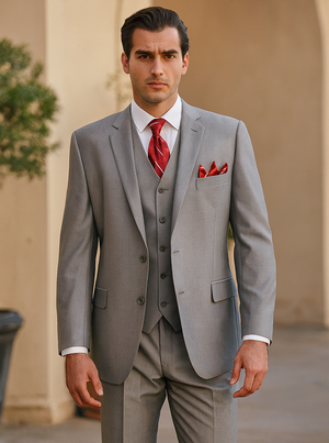 Mens Classic Vested Shiny Sharkskin Suit in Grey