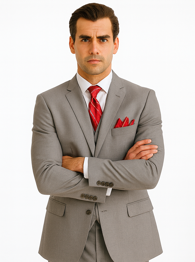 Mens Classic Vested Shiny Sharkskin Suit in Grey