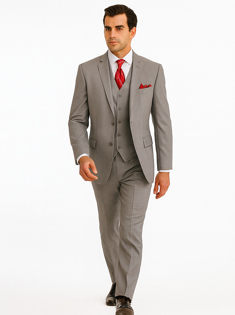 Mens Classic Vested Shiny Sharkskin Suit in Grey