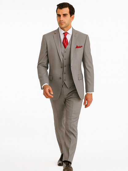 Mens Classic Vested Shiny Sharkskin Suit in Grey