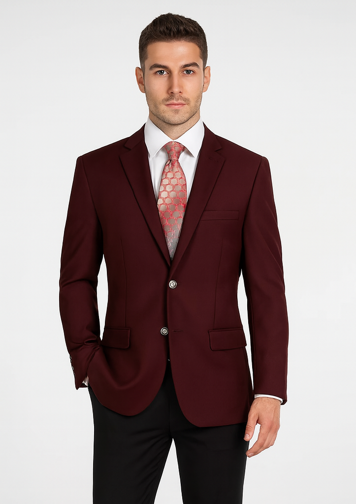Mens Classic Wool Feel Blazer Sports Coat in Burgundy
