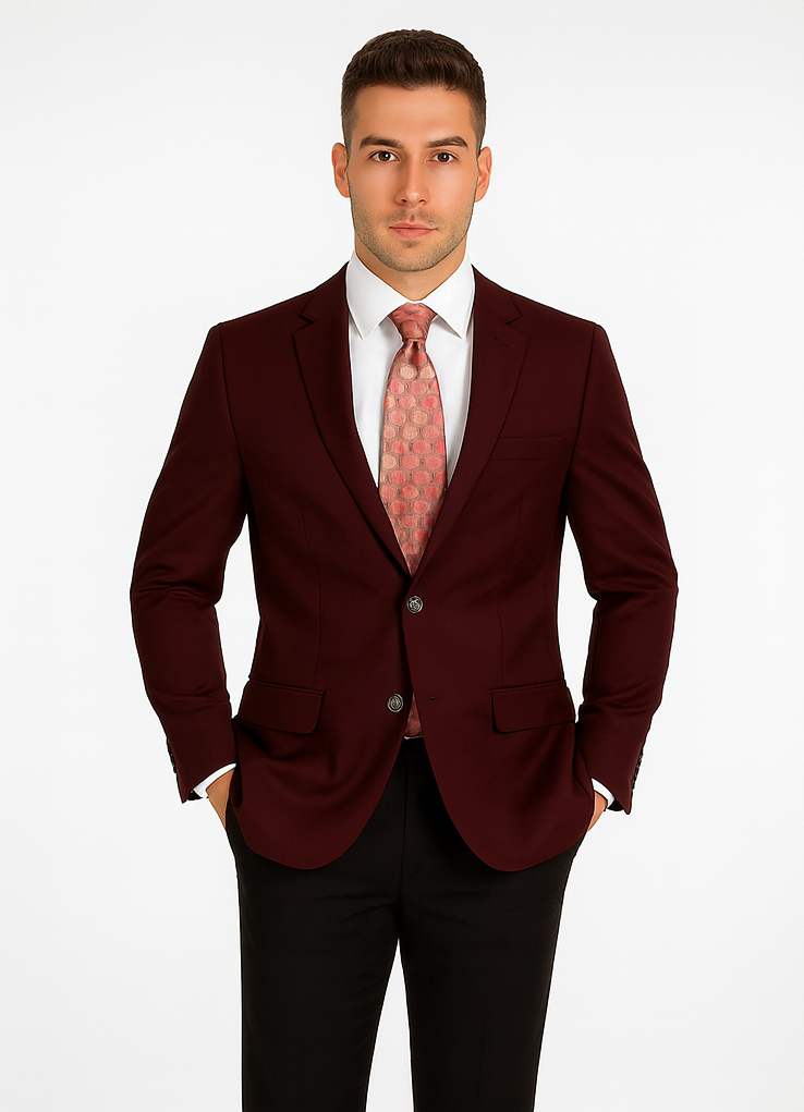 Mens Classic Wool Feel Blazer Sports Coat in Burgundy