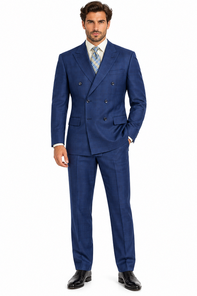 Mens Classic Wool Feel Double Breasted Glen Plaid Suit in Blue